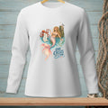 White long-sleeve shirt with a mermaid, octopus, and text "One Crisis At A Time."