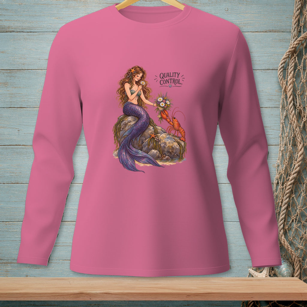 Mermaid holding daisies next to a lobster with "Quality Control" text.