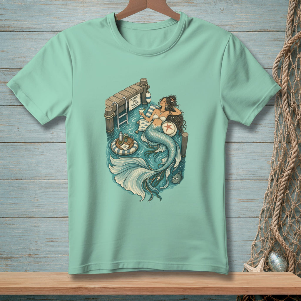 Mermaid relaxing on a dock with drinks, text "Share the water."