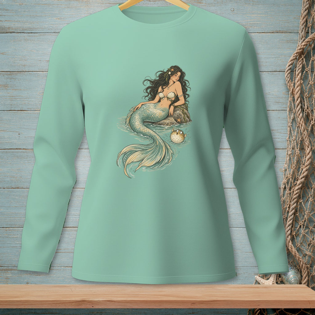 Long sleeve shirt with a vintage mermaid and pufferfish illustration.