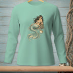 Long sleeve shirt with a vintage mermaid and pufferfish illustration.