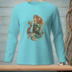 Turquoise long-sleeved shirt featuring a mermaid holding flowers with a lobster and crab.