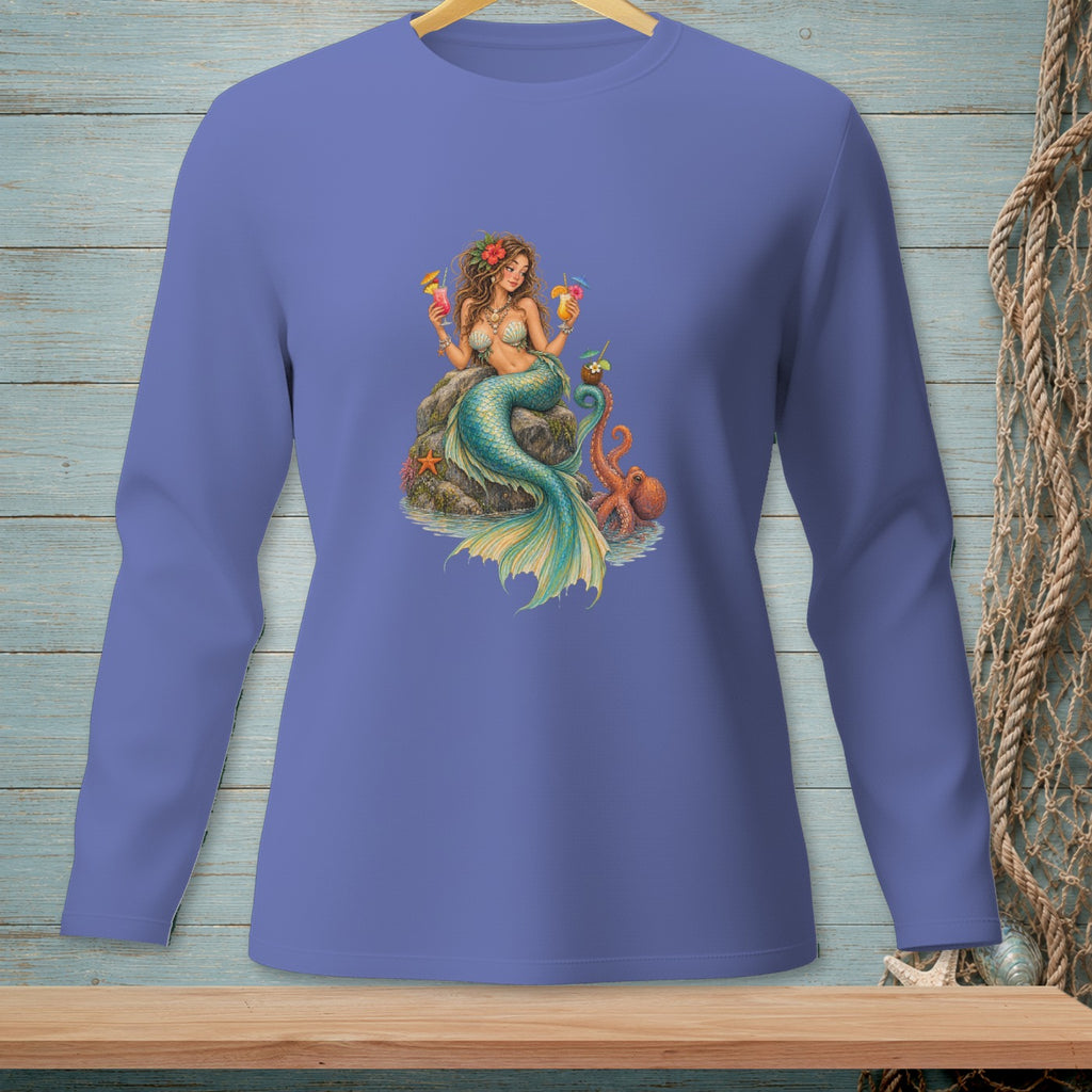Mermaid holding cocktails with octopus on a rock, printed on a purple long-sleeve shirt.