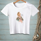 White t-shirt with a mermaid illustration and the text "Sharing Wasn't Mentioned."