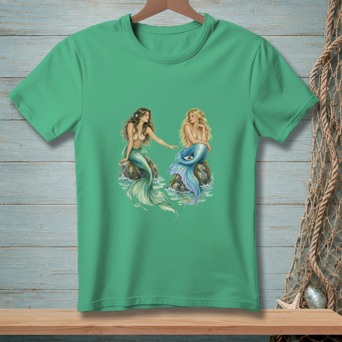 Two mermaids, one with dark hair and one with blonde, sit on rocks in the ocean.