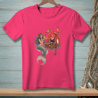 Mermaid and octopus serving drinks on a raft with tropical fruit and anchor.