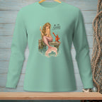 Mermaid with lobster on dock, holding champagne, with text "BE SO SERIOUS."