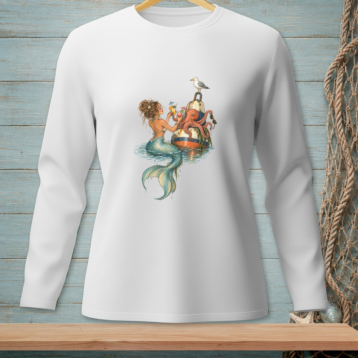 Mermaid and octopus on a buoy with a seagull and drinks.