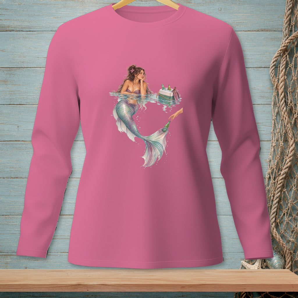 Mermaid with a cooler and drinks in the water, reaching for a bottle.