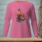 Pink long-sleeve shirt featuring a mermaid sitting on a rock with a lobster.