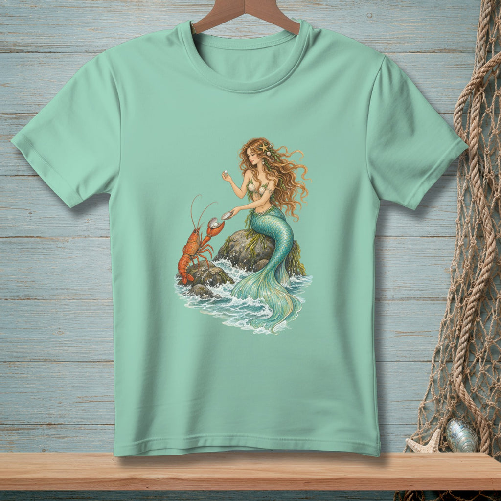 Mermaid on rocks with lobster and pearls, mint green t-shirt graphic.