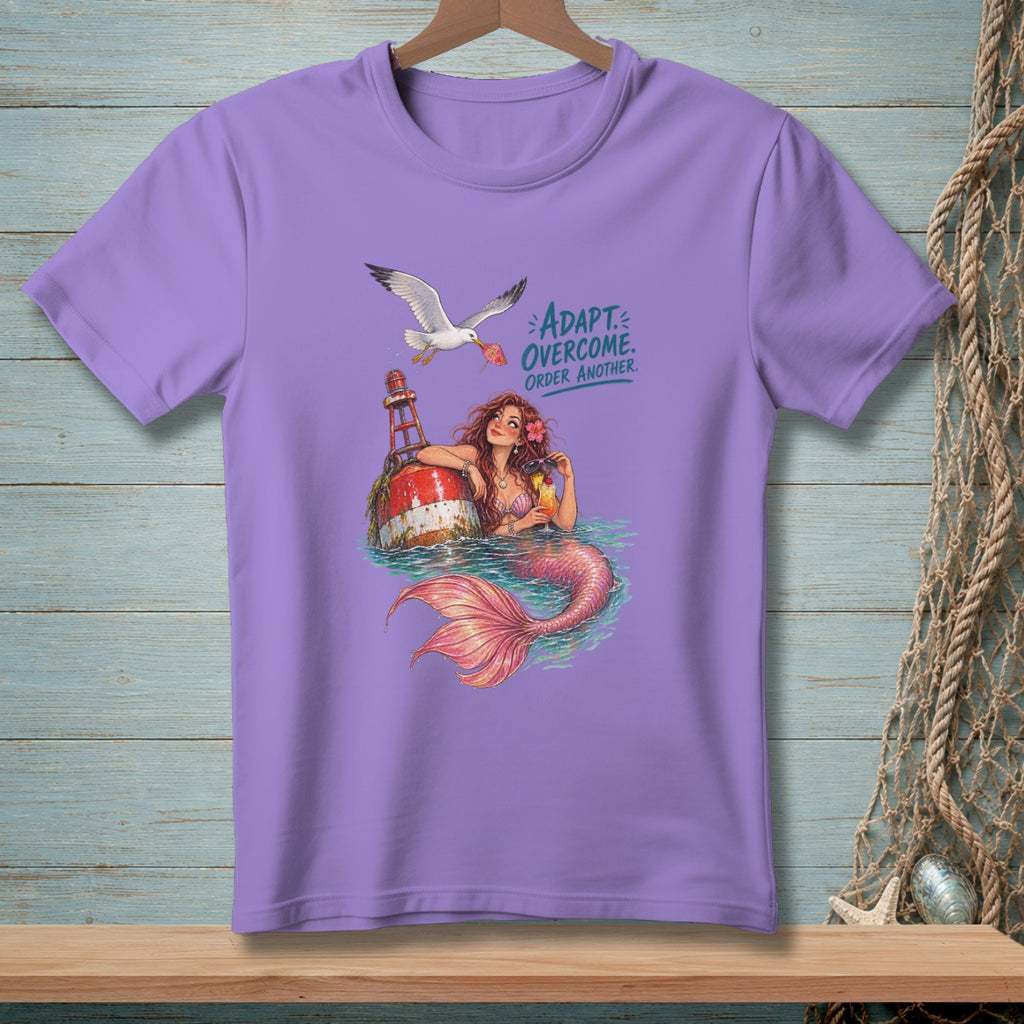 Mermaid with a pink tail holds a drink next to a buoy with text.