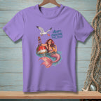 Mermaid with a pink tail holds a drink next to a buoy with text.