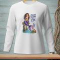 White long-sleeve shirt with mermaid, crab, and text "Finish Talking to the Fin."