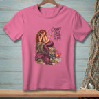 Pink t-shirt with a mermaid, crab, and text "Crabby Looks Good On You."