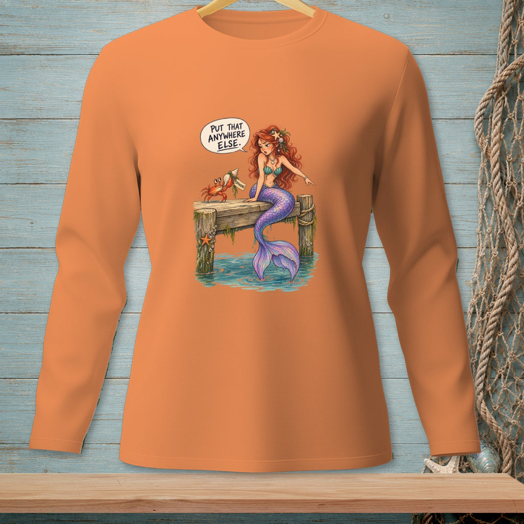 Mermaid on dock with crab holding "Opinions" scroll, text bubble reads "Put that anywhere else."