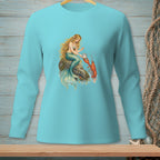 Mermaid on a rock holding a pearl with a lobster by her side.