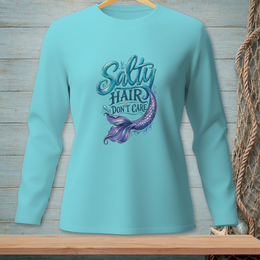 Long sleeve turquoise shirt with "Salty Hair Don't Care" and a mermaid tail graphic.