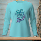 Long sleeve turquoise shirt with "Salty Hair Don't Care" and a mermaid tail graphic.