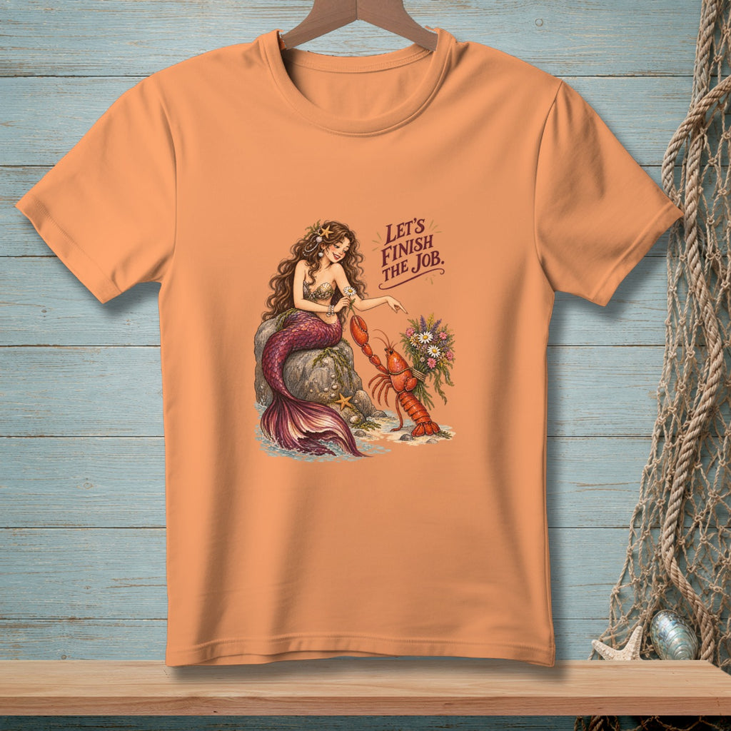 Mermaid sitting on rock with lobster holding flowers. Text reads "Let's Finish the Job."