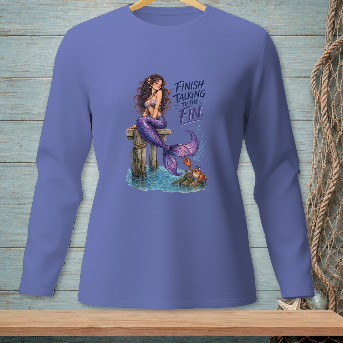 Mermaid and crab design with text "Finish talking to the fin."