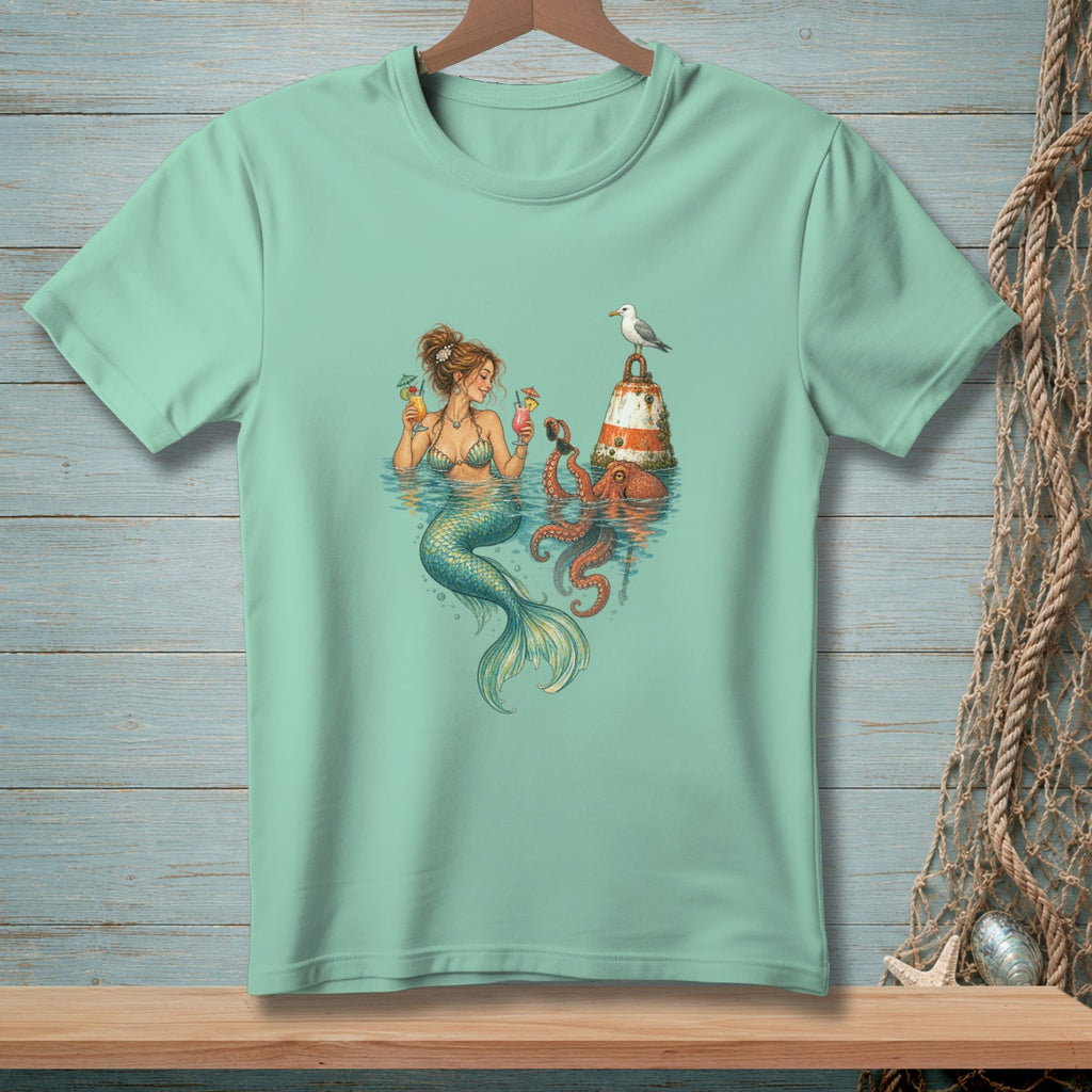 Mermaid with cocktails, octopus, buoy, and seagull on a mint t-shirt.