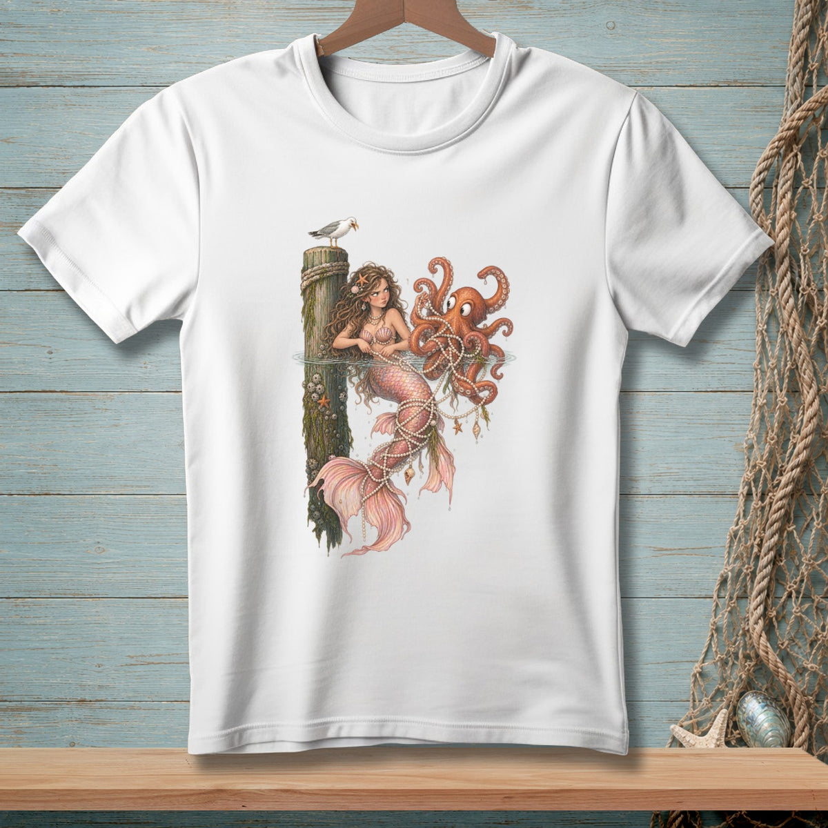T-shirt with a mermaid, octopus, seagull, and pearls on a dock.