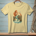 Illustration of a mermaid sitting on a dock, looking in a mirror held by a crab.
