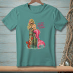 Mermaid with pink tail, sunglasses, and lobster. "Use your inside claws" text.