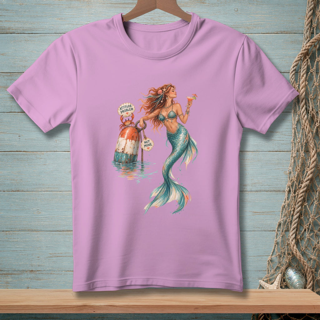 Mermaid with cocktail holding buoy labeled "Attitude Problem" and "Not Mine."