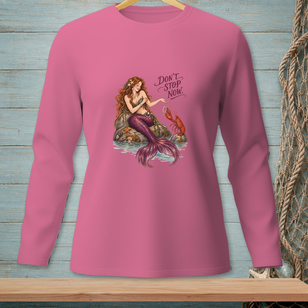 Long sleeve pink shirt with a mermaid and lobster graphic and text "Don't Stop Now."