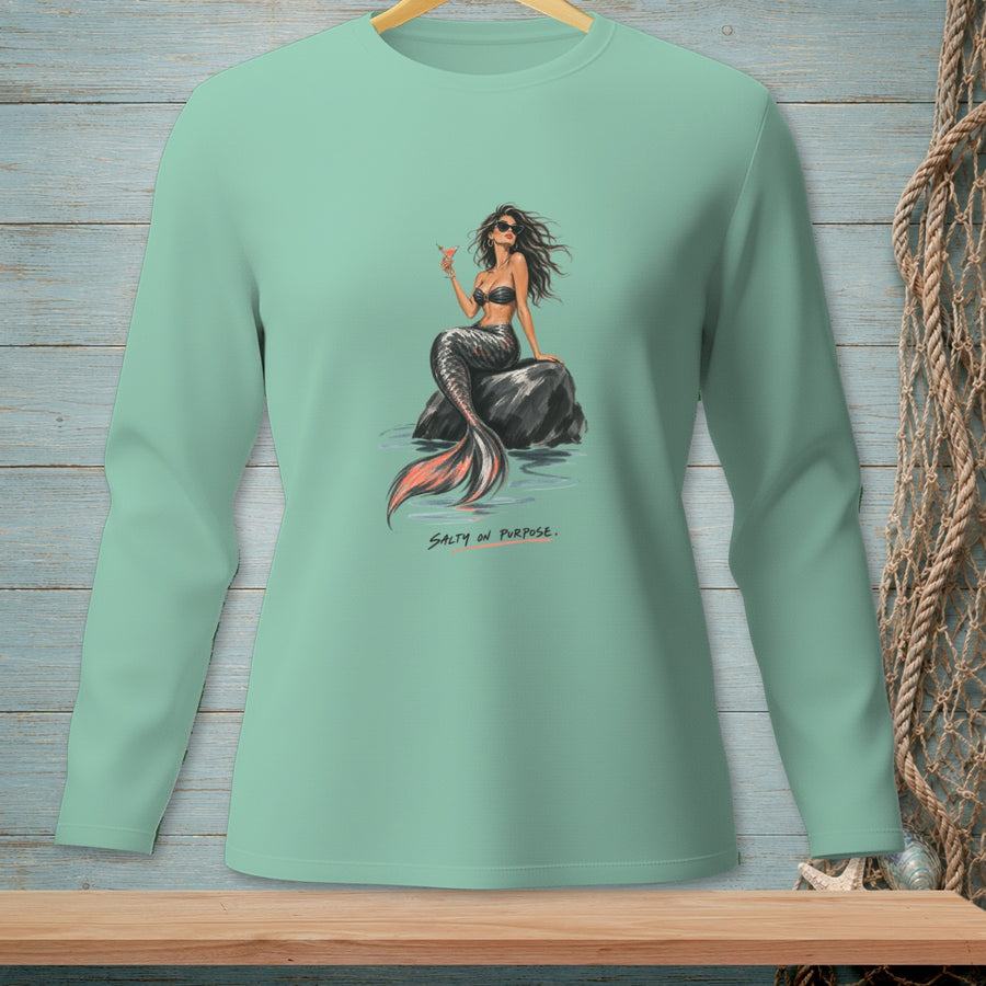 Mint green long-sleeve shirt with a mermaid holding a drink, text "Salty On Purpose."