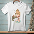 White t-shirt with a mermaid holding champagne with text "PERFECT."