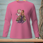 Pink long-sleeve shirt featuring a mermaid and seagull on rocks with a "PLEASE HOLD." sign.
