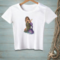 White t-shirt with a mermaid sitting on a wooden post with a crab.