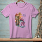 Lavender t-shirt with a graphic of a mermaid, lobster, and the text "Silence is also an answer."