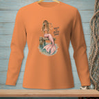 Orange long-sleeve shirt with a mermaid graphic and "Nailed the Beach Hair" text.