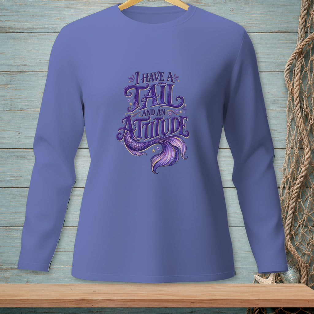 Purple long-sleeve shirt with "I have a tail and an attitude" text and mermaid tail graphic.