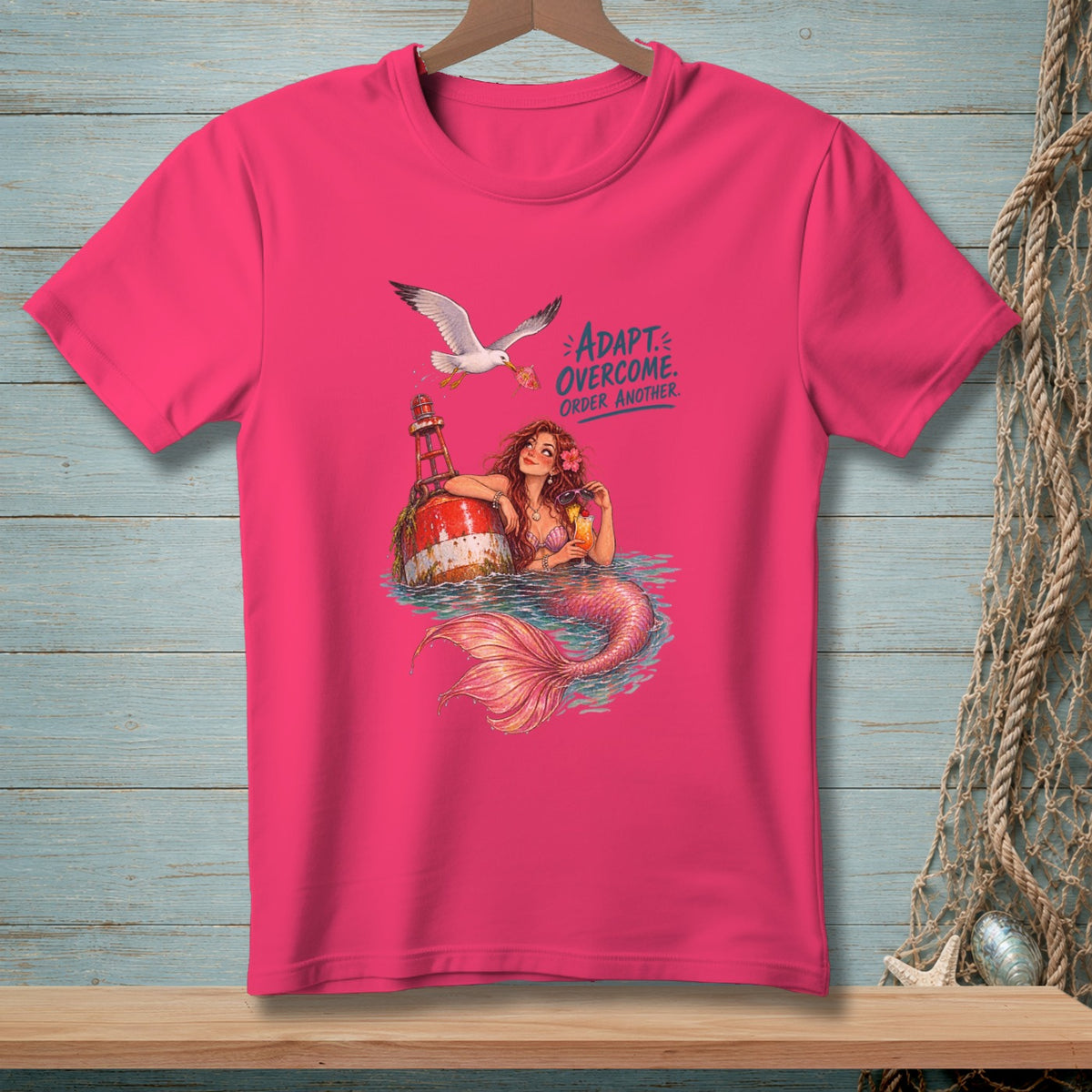 Mermaid with a drink on a buoy, with a seagull and text.