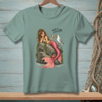 Mermaid on rocks with a seagull, text "You're a little late."
