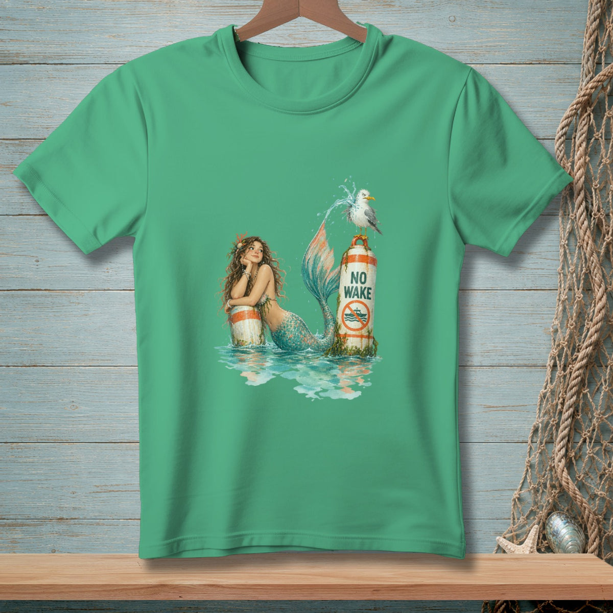 Mermaid and seagull on a buoy with "NO WAKE" text and boat graphic.