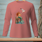 Mermaid sitting on dock with drink and a seagull flying nearby.