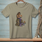Illustration of a mermaid reading a book to a crab on a rock.