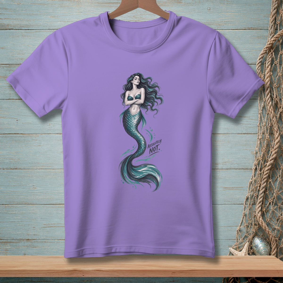 Purple t-shirt with a mermaid graphic and text "ABSOLUTELY NOT."