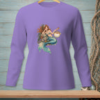 Purple long-sleeve shirt featuring a mermaid with a pufferfish and cocktail.
