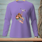 Purple long-sleeve shirt with mermaid holding cocktail, feeding seagull, near buoy.