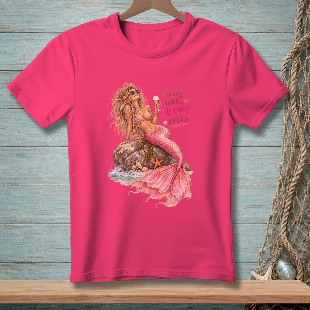 Pink t-shirt with mermaid graphic and text "Messy Hair Mermaid Rules."