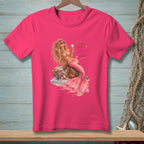 Pink t-shirt with mermaid graphic and text "Messy Hair Mermaid Rules."