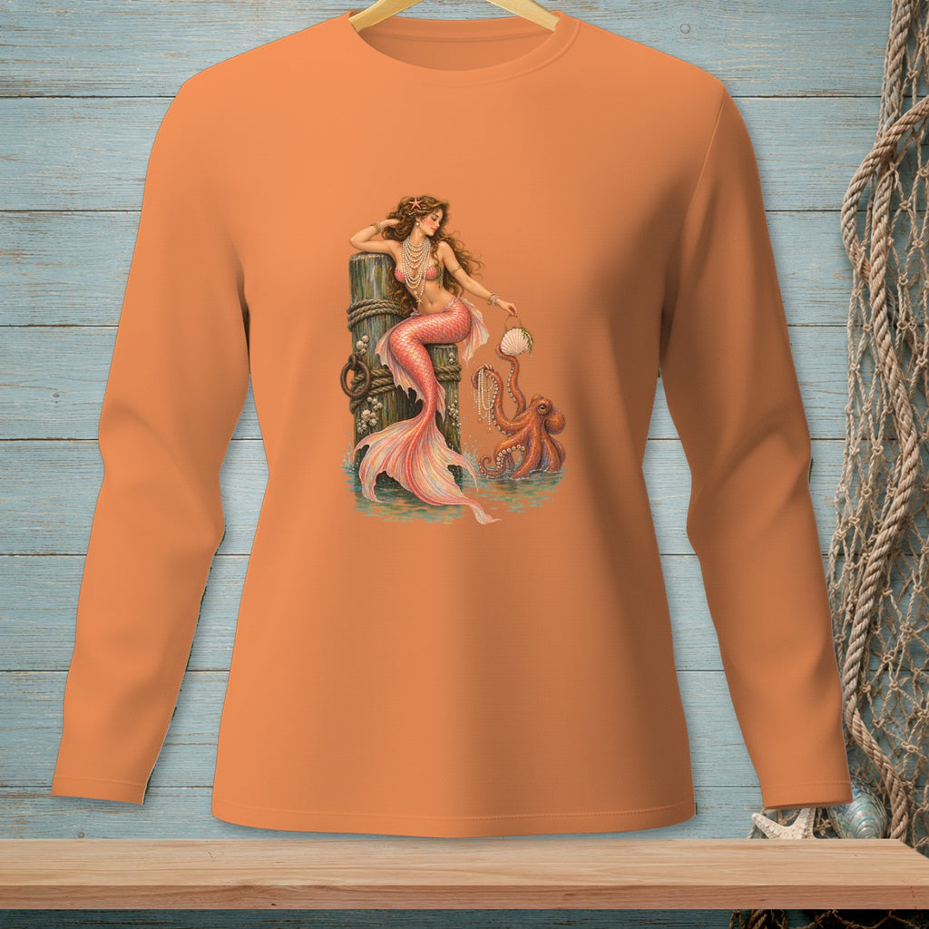 Orange long-sleeve shirt with a mermaid and octopus graphic.