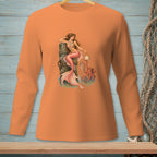 Orange long-sleeve shirt with a mermaid and octopus graphic.